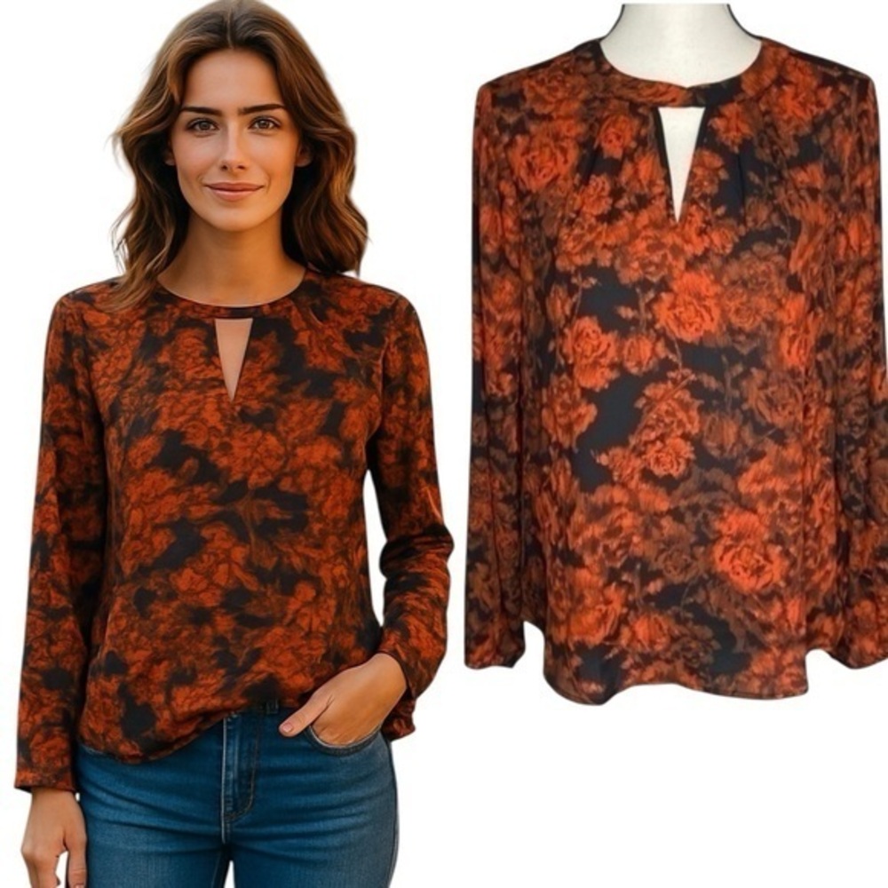 Maurices Top Black with Orange Floral Pattern Keyhole Neck Long‎ Sleeve Blouse